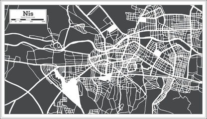 Nis Serbia City Map in Black and White Color in Retro Style. Outline Map.