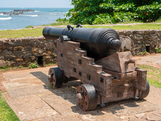 Galle, Sri Lanka - March 12, 2022: An old artillery weapon in the Dutch fort Galle