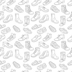 Shoes seamless pattern background. Different types of shoes. Editable stroke size.
