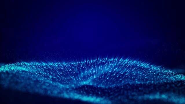 Abstract wave dark blue background with moving and glowing particles. Moving digital wave with flickering particles- shallow deep of field. Seamless loopable background.