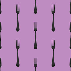 Seamless pattern. Fork top view on pastel fiolet purpur background. Template for applying to surface. Square image. Flat lay. 3D image. 3D rendering.