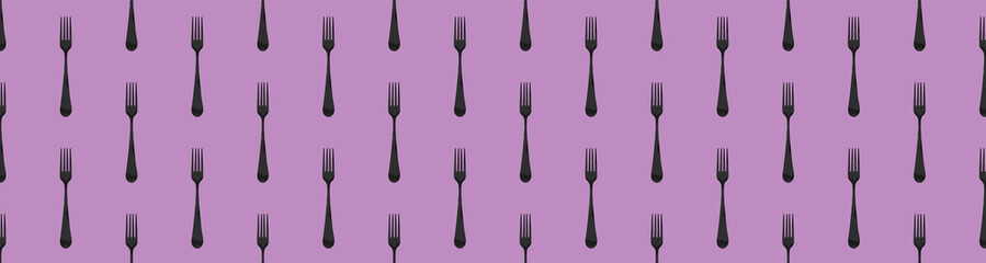 Seamless pattern. Fork top view on pastel fiolet purpur background. Template for applying to surface. Banner for insertion into site. Flat lay. 3D image. 3D rendering.