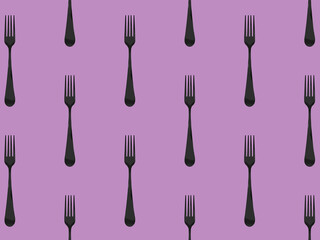 Seamless pattern. Fork top view on pastel fiolet purpur background. Template for applying to surface. Horizontal image. Flat lay. 3D image. 3D rendering.