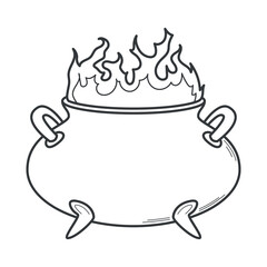 Magic witch's cauldron with flames. Coloring book element. Vector illustration for Halloween