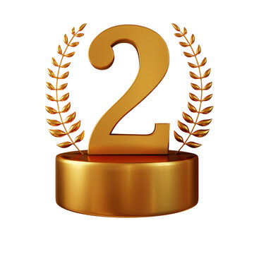 3d golden number two with wheat on podium as a trophy. 3d rendering