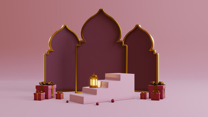3d rendering of islamic product display podium background. Concept of islamic celebration muharram, ramadan kareem and eid al fitr adha with blank space.