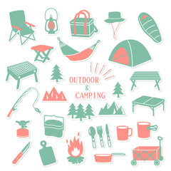 アウトドア・キャンプのシール風アイコンセット　ターコイズ&times;ピンク