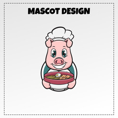 Pig Noodle Food Logo Vector Animal Mascot Illustration Design