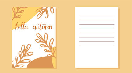 greeting card with a pattern of twigs leaves hello autumn in autumn warm colors