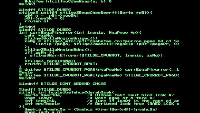 A list of instructions, scrambled source code text from public domain projects, scrolling on a computer monitor. Retro fat font.