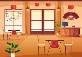 Japanese Food Cartoon Illustration with Various Delicious Dishes in the Restaurant such as Sushi on a Plate, Sashimi Roll and Other in Flat Style