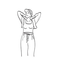 line art full length of woman with hat holding her hair back illustration vector hand drawn isolated on white background