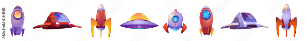 Poster alien spaceship game icons vector set. funny rockets, ufo shuttles cartoon collection illustrations 