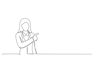 Cartoon of young woman pointing finger to the side. Single continuous line art style