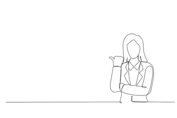 Drawing of business woman looking through hands, making binoculars. Single line art style