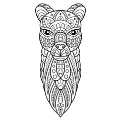 Hand drawn of llama head in zentangle style