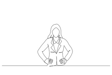 Illustration of young woman standing with hands on waist. One line art style