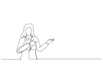 Cartoon of woman holding copyspace imaginary on the palm to insert an ad. Single continuous line art style
