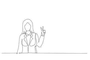 Cartoon of attractive girl is showing peace sign and smiling. Continuous line art style