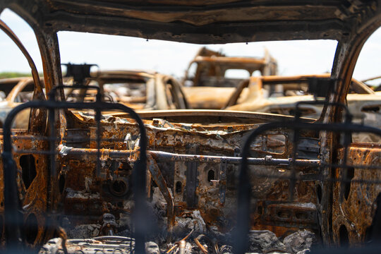 Interior of a burnt-out car.