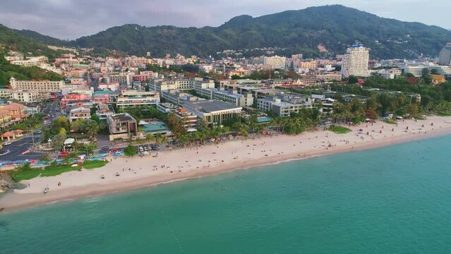 Phuket Patong beach Aerial view from drone camera, Beautiful patong beach Phuket Thailand Amazing sea beach sand tourist travel destination in the andaman sea Beautiful phuket island