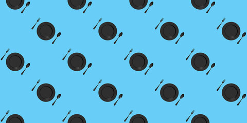 pattern. kitchen utensils on a pastel blue background. fork, spoon, plate. Template for surface application. Flat lay. Banner for insertion into site. 3D image. 3D rendering.