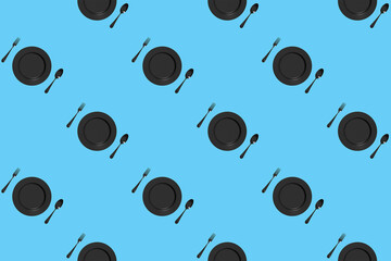 pattern. kitchen utensils on a pastel blue background. fork, spoon, plate. Template for surface application. Flat lay. Square image. 3D image. 3D rendering.