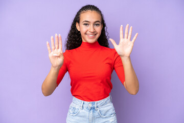 Young woman isolated on purple background counting nine with fingers