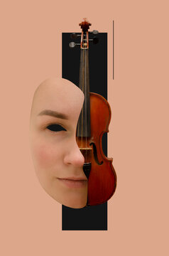 Half of a woman's face and old violin