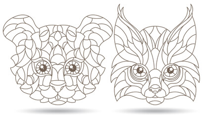 Obraz premium A set of contour illustrations in the style of stained glass with abstract tiger and the lynx, dark contours on a white background