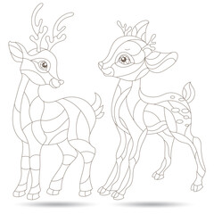 Set of contour illustrations of stained glass Windows with fawns , dark outlines on a white background