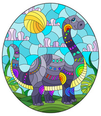 A stained glass illustration with a cute cartoon dinosaur on the background of fields and sky, oval image