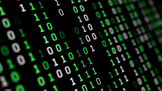 Abstract binary code background with greenand white digits on a black screen. Data, code, decryption and encoding concepts. Seamless loopable background.