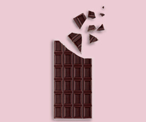 Broken chocolate bar on the pink background with copy space