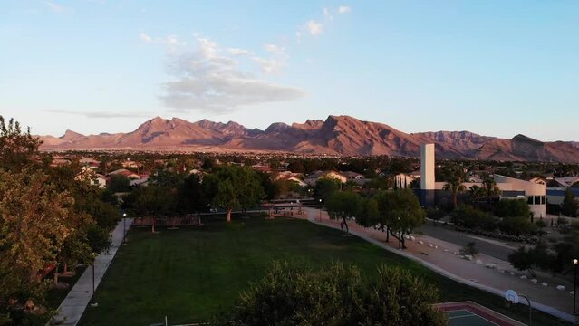The vertical reveal of morning activity in the Las Vegas Mountain suburbs of Summerlin