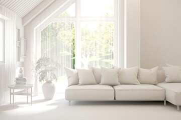 Mock up of stylish room in white color with sofa and green landscape in window. Scandinavian interior design. 3D illustration