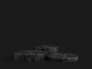 Minimalist simple marble cylinder podium or pedestal display with dark color background for product presentation. 3d rendering