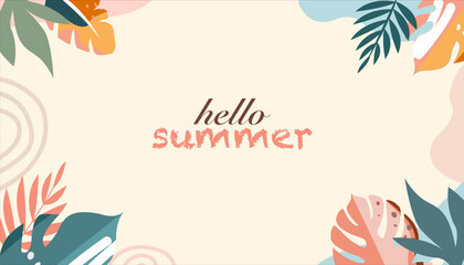 Fototapeta na wymiar hello summer panorama design concept abstract illustration with exotic leaves forest colorful design summer background and banner.