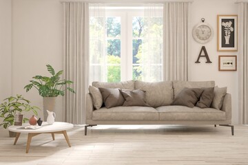 Minimalist living room in white color with sofa and summer landscape in window. Scandinavian interior design. 3D illustration