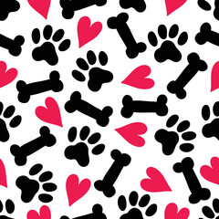 Paw prints, bones, hearts. Funny children's seamless pattern. Can be used in textile industry, paper, background, scrapbooking.Vector.