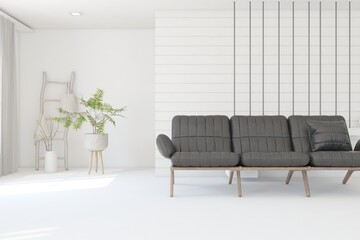 White living room with sofa. Scandinavian interior design. 3D illustration