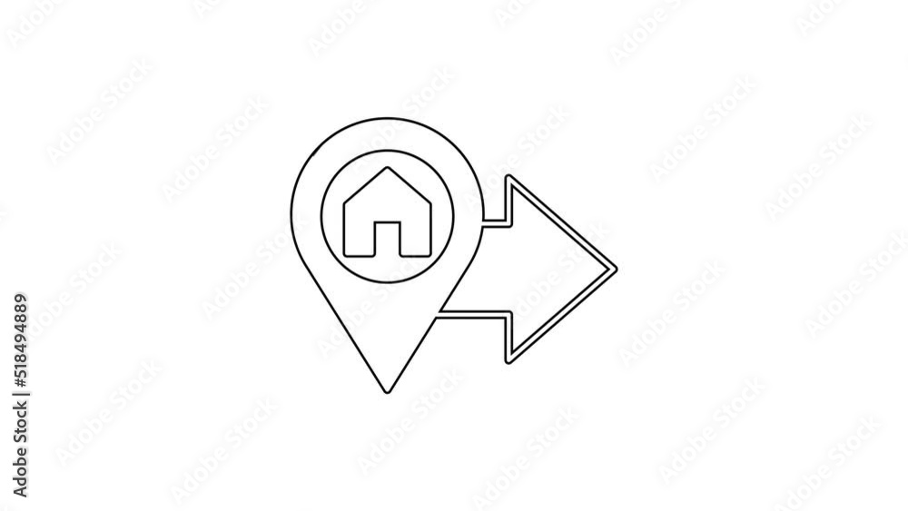 Poster black line map pointer with house icon isolated on white background. home location marker symbol. 4k