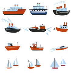 Marine transport vector set isolated on white background, decorative flat sign, Cruise boat, yacht, icebreaker, transportation for ocean water, cartoon sea colorful symbol for travel design, map