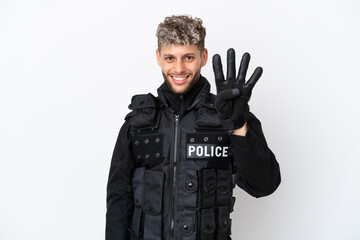 SWAT caucasian man isolated on white background happy and counting four with fingers