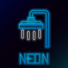 Glowing neon line Shower head with water drops flowing icon isolated on black background. Colorful outline concept. Vector