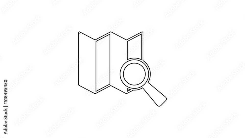 Poster black line search location icon isolated on white background. magnifying glass with pointer sign. 4k