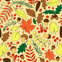 Seamless pattern falling leaves, acorns, berries, mushrooms. Vector color autumn texture, isolated, hand drawn in doodle flat style. Concept of forest, leaf fall, nature, thanksgiving