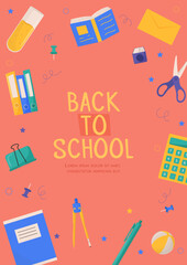 Back to school card with colorful school supplies. Colorful back to school templates for invitation, poster, banner, promotion, sale. School supplies cartoon illustration.