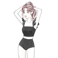 髪を結っている水着の女性