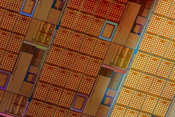 Silicon monocrystalline wafer with microchips after photolithography etching manufacturing used in...